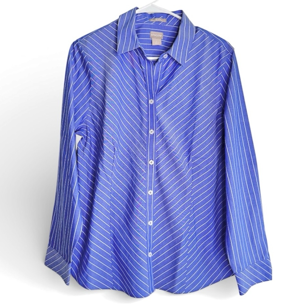 Chico’s Shirts No Iron All Season Coolmax Striped Blue White cotton Size 2 New